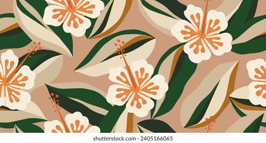 Hand drawn tropical flowers, seamless patterns with floral for fabric, textiles, clothing, wrapping paper, cover, banner, interior decor, abstract backgrounds. vector illustration.
