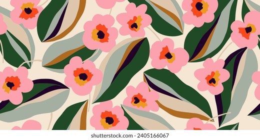 Hand drawn tropical flowers, seamless patterns with floral for fabric, textiles, clothing, wrapping paper, cover, banner, interior decor, abstract backgrounds. vector illustration.