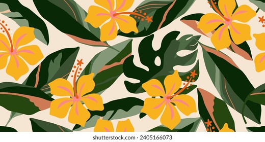 Hand drawn tropical flowers, seamless patterns with floral for fabric, textiles, clothing, wrapping paper, cover, banner, interior decor, abstract backgrounds. vector illustration.