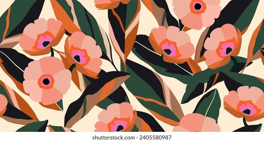 Flores tropicales dibujadas a mano, estampados sin costura con motivos florales para tela, textiles, prendas de vestir, papel de envoltura, cubierta, pancarta, decoración interior, fondo abstracto. ilustración vectorial.