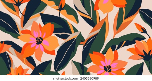 Hand drawn tropical flowers, seamless patterns with floral for fabric, textiles, clothing, wrapping paper, cover, banner, interior decor, abstract backgrounds. vector illustration.