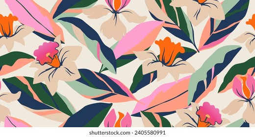 Hand drawn tropical flowers, seamless patterns with floral for fabric, textiles, clothing, wrapping paper, cover, banner, interior decor, abstract backgrounds. vector illustration.