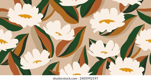 Hand drawn tropical flowers, seamless patterns with floral for fabric, textiles, clothing, wrapping paper, cover, banner, interior decor, abstract backgrounds. vector illustration.
