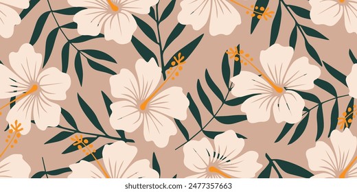 Hand drawn tropical flowers, seamless patterns with floral for fabric, textiles, clothing, wallpaper, cover, banner, interior decor, abstract backgrounds. vector illustration.