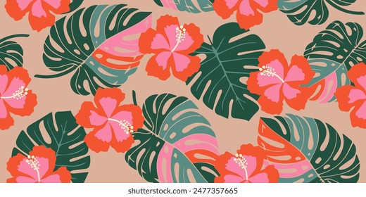 Flores tropicales dibujadas a mano, patrones sin costuras con flores para tela, textiles, prendas de vestir, Fondo de pantalla, cubierta, Anuncio, decoración interior, fondos abstractos. Ilustración vectorial.