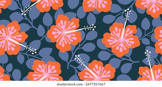 Hand drawn tropical flowers, seamless patterns with floral for fabric, textiles, clothing, wallpaper, cover, banner, interior decor, abstract backgrounds. vector illustration.