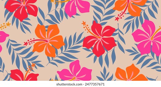 Hand drawn tropical flowers, seamless patterns with floral for fabric, textiles, clothing, wallpaper, cover, banner, interior decor, abstract backgrounds. vector illustration.