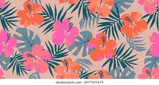 Hand drawn tropical flowers, seamless patterns with floral for fabric, textiles, clothing, wallpaper, cover, banner, interior decor, abstract backgrounds. vector illustration.