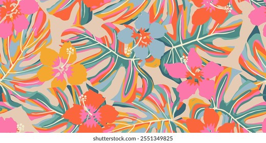 Flores tropicales dibujadas a mano, patrones sin costuras con flores para tela, textiles, prendas de vestir, papel de regalo, cubierta, Anuncio, decoración de interiores, fondos abstractos. Ilustración vectorial.