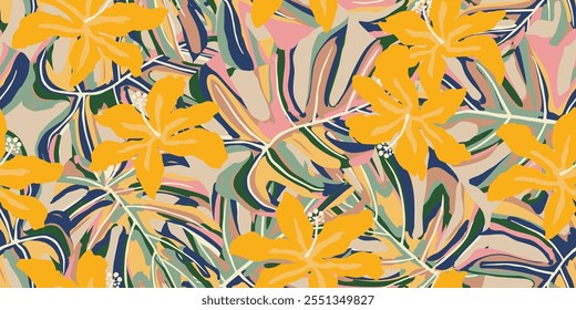 Flores tropicales dibujadas a mano, patrones sin costuras con flores para tela, textiles, prendas de vestir, papel de regalo, cubierta, Anuncio, decoración de interiores, fondos abstractos. Ilustración vectorial.