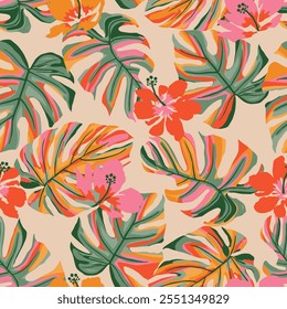 Flores tropicais desenhadas à mão, padrões sem costura com floral para tecido, têxteis, roupas, papel de embrulho, capa, banner, decoração interior, fundos abstratos. ilustração vetorial.