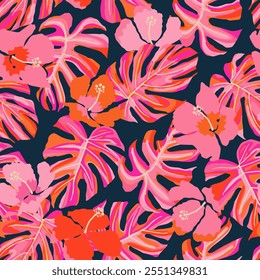 Flores tropicais desenhadas à mão, padrões sem costura com floral para tecido, têxteis, roupas, papel de embrulho, capa, banner, decoração interior, fundos abstratos. ilustração vetorial.