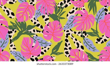Hand drawn tropical flowers, seamless patterns with floral for fabric, textiles, clothing, packaging, cover, poster, interior decor, abstract natural backgrounds. Vector illustration.