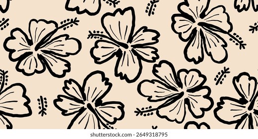 Hand drawn tropical flowers, seamless patterns with floral for fabric, textiles, clothing, wallpaper, cover, banner, interior decor, abstract backgrounds. vector illustration.