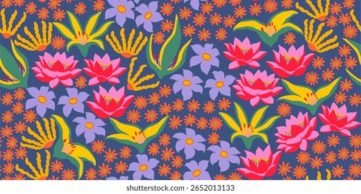 Hand drawn tropical flowers seamless pattern. Trendy artistic summer floral for textiles, wallpaper, wrapping paper, fabric, backdrop, design background vector illustration