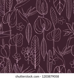 Hand  drawn tropical flowers.  Vector seamless pattern .
