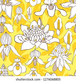 Hand  drawn tropical flowers.  Vector seamless pattern .