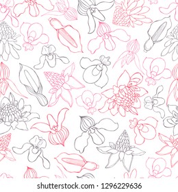 Hand  drawn tropical flowers.  Vector seamless pattern .
