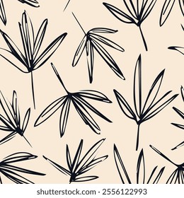 Hand drawn tropical foliage line art sketch seamless pattern