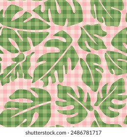 Hand drawn tropical foliage monstera leaf seamless pattern with abstract checkered texture