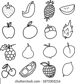 Hand drawn tropical food set on white background. Vector illustration in doodle art style