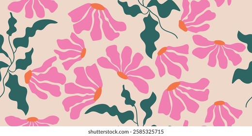 Hand drawn tropical forest flowers, pink seamless pattern background vector illustration