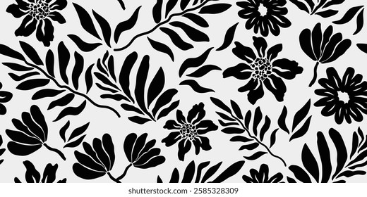 Hand drawn tropical forest flowers, black and white seamless pattern background vector illustration