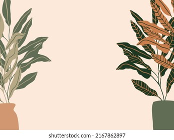 Hand drawn tropical frame with exotic  organic houseplant. Floral summer background for banner, backdrop, social media, fabric, t-shit, stationary, flyer, wallpaper, cover, print, card, poster,