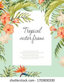 Hand drawn tropical frame and leaves of exotic plants. Natural green background with space for text. Vector floral frame.