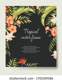 Hand drawn tropical frame and leaves of exotic plants. Natural green background with space for text. Vector floral frame.