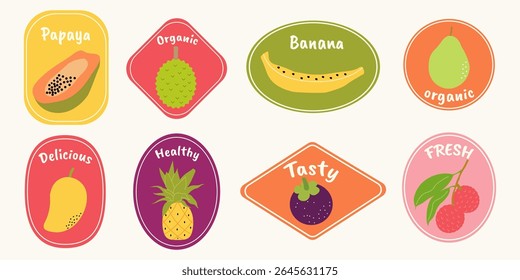 Hand drawn tropical fruit stickers set. Colorful vector labels with papaya, banana, mango, durian, pineapple. Healthy organic summer fruit badges for packaging, markets, juice bars, kids menu.