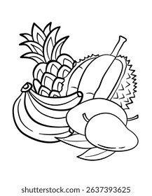 Hand drawn tropical fruits, Coloring pages, fruits coloring book line art for kids, adult.
