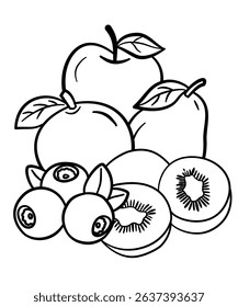 Hand drawn tropical fruits, Coloring pages, fruits coloring book line art for kids, adult.