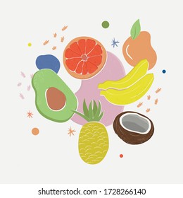 Hand Drawn Tropical Fruits Illustration Vector - Banana, Avocado, Pineapple, Coconut, Mango, Orange