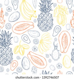 Hand drawn tropical  fruits on white background. Vector  seamless pattern.