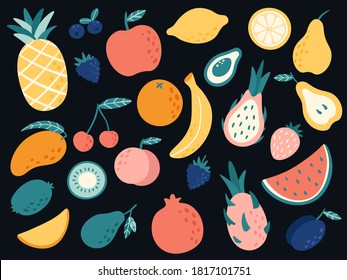 Frutas tropicales dibujadas a mano. manzana orgánica, plátano, rodajas de limón y pera, cerezo y mango, sandía y fresa con vitaminas. Productos vegetarianos, ilustraciones de vectores alimentarios saludables