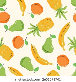 Padrão sem costura de frutas tropicais desenhadas à mão com banana, abacaxi, laranja e abacate. Ilustração vetorial para têxteis, impressão, artigos de papelaria, papel de embrulho e outros