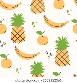 Padrão sem costura de frutas tropicais desenhadas à mão com abacaxi, banana e laranja. Vetor de design plano Ilustração para têxteis, impressão, artigos de papelaria, papel de embrulho e outros