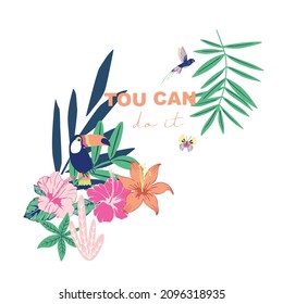 Hand drawn tropical graphics with toucan bird and tropical plants and tree Vector illustration