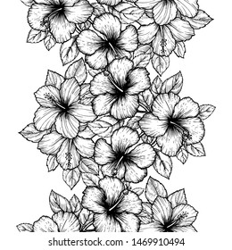 Hand drawn tropical hibiscus flower. Seamless floral pattern with leaves on white background. Exotic engraving wallpaper for textile, surface design or banner. Great template for coloring book