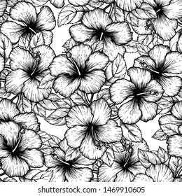 Hand drawn tropical hibiscus flower. Seamless floral pattern with leaves on white background. Exotic engraving wallpaper for textile, surface design or banner. Great template for coloring book