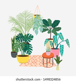 Hand drawn tropical house plants. Popular houseplants : monstera, palm, ficus, dracaena. Scandinavian style illustration, modern and elegant home decor. House indoor plants. Vector design flowers.