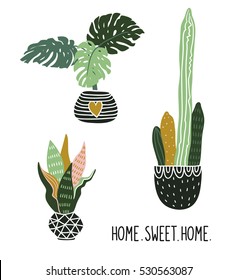 Hand drawn tropical house plants. Scandinavian style illustration, modern and elegant home decor. Vector print design with lettering - ' home sweet home '.