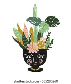 Hand drawn tropical house plants in the ethnic ceramic pot. Scandinavian style illustration, modern and elegant home decor. Vector print design.