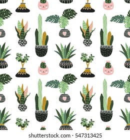 Hand drawn tropical house plants. Scandinavian style illustration, seamless pattern for fabric, wallpaper or wrap paper. Vector design flowers.