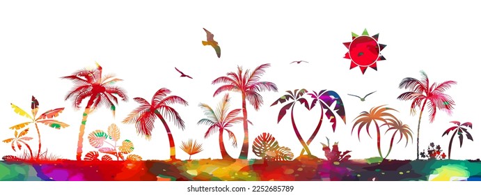 Hand Drawn Tropical Island . Colorful palm trees abstract. Horizontal seascape Vector illustration