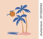Hand Drawn Tropical Island Vector Illustration with Isolated Elements. Sunset on the Beach with Palm Trees and Calm Sea. Works Well on Posters, Cards and Invitations or as a T-Shirt Print.