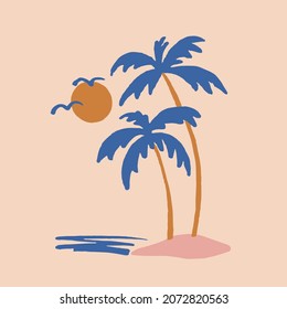 Hand Drawn Tropical Island Vector Illustration with Isolated Elements. Sunset on the Beach with Palm Trees and Calm Sea. Works Well on Posters, Cards and Invitations or as a T-Shirt Print.
