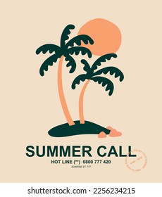 Ilustración de vectores de isla tropical dibujados a mano con elementos aislados. Atardecer en la playa con palmeras y mar tranquilo. Funciona bien en carteles, tarjetas e invitaciones o como impresión de camisetas