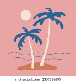 Hand Drawn Tropical Island Vector Illustration. Sunset on the Beach with Palm Trees and Sea. Beach Vibe.